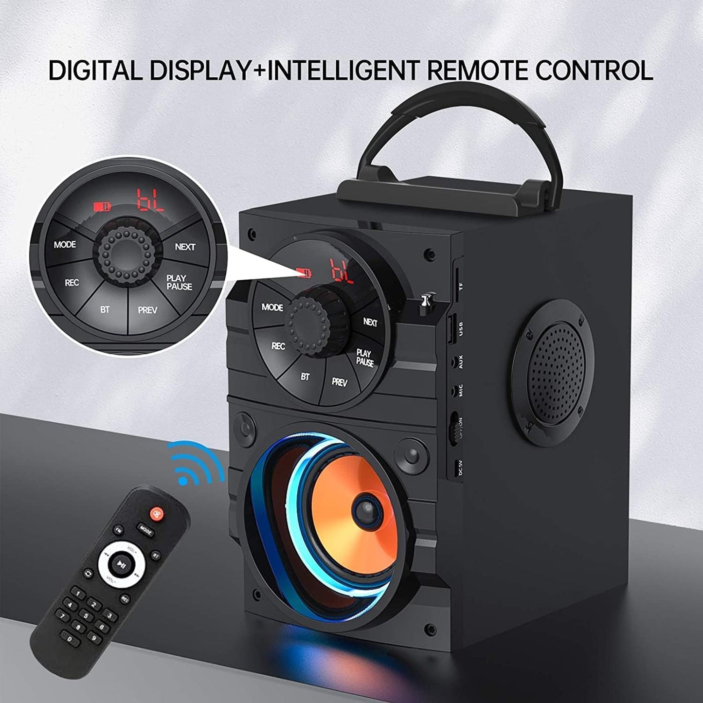 Portable Bluetooth Speaker with Subwoofer Wireless Speakers Outdoor/Indoor Big Support Remote Control FM Radio TF Card LED Lights MP3 Player Party for Home Camping Iphone Computer PC