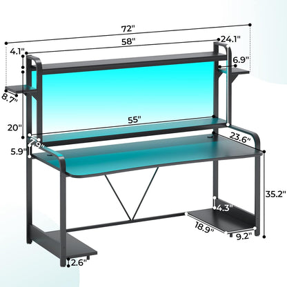 Gaming Desk, 55" Computer Desk with Shelves, LED Lights, Hutch & Monitor Shelf, Large PC Gamer Desk Workstation, Gaming Table for Bedroom, Studying Writing Desk for Home Office, Black