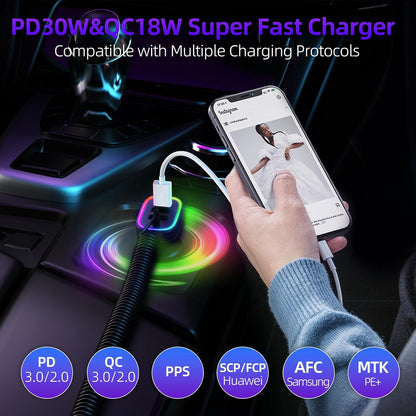 60W 4-Port USB-C & 18W USB-A QC3.0 Fast Charging Car Charger with Colorful Ring LED Light and Coiled Cable for Iphone 16 Pro Max, Iphone 15 Pro Max 14 13 12, Samsung Galaxy S24, Tablets and Laptops