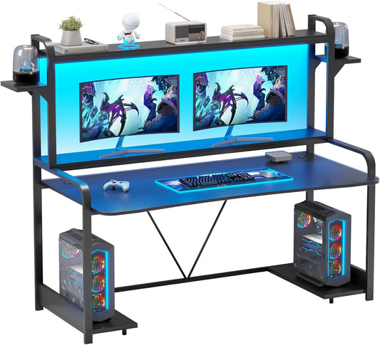 Gaming Desk, 55" Computer Desk with Shelves, LED Lights, Hutch & Monitor Shelf, Large PC Gamer Desk Workstation, Gaming Table for Bedroom, Studying Writing Desk for Home Office, Black