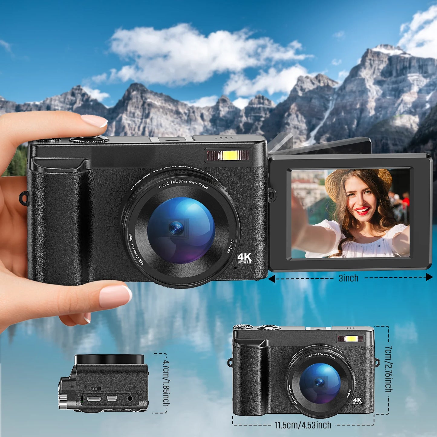 4K Digital Camera Photography Camera 48MP Autofocu Webcam Vlog Video Recorder Compact Cameras 180-Degree Rotation Flip Screen