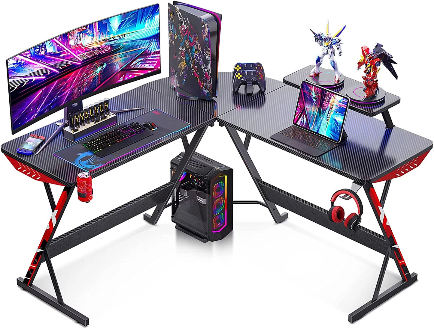 51" L Shaped Gaming Desk, Real Carbon Fiber Coated, Gaming Desk Table with Large Monitor Riser Stand for Home Office, Sturdy Writing Workstation, Gaming Desk with Shelf, Black