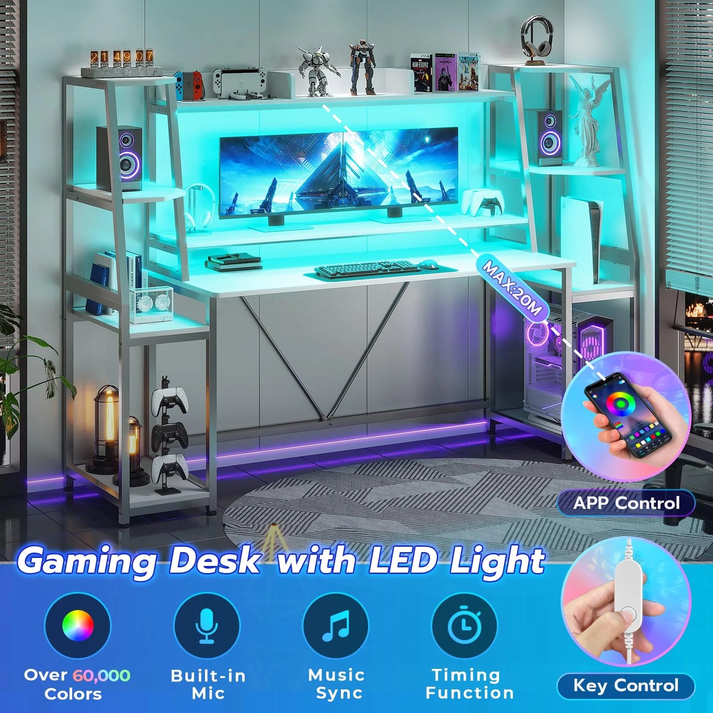 78.8 Inches Gaming Desk, Home Office Desk Computer Desk with LED Lights, Hutch and Storage Shelves, White