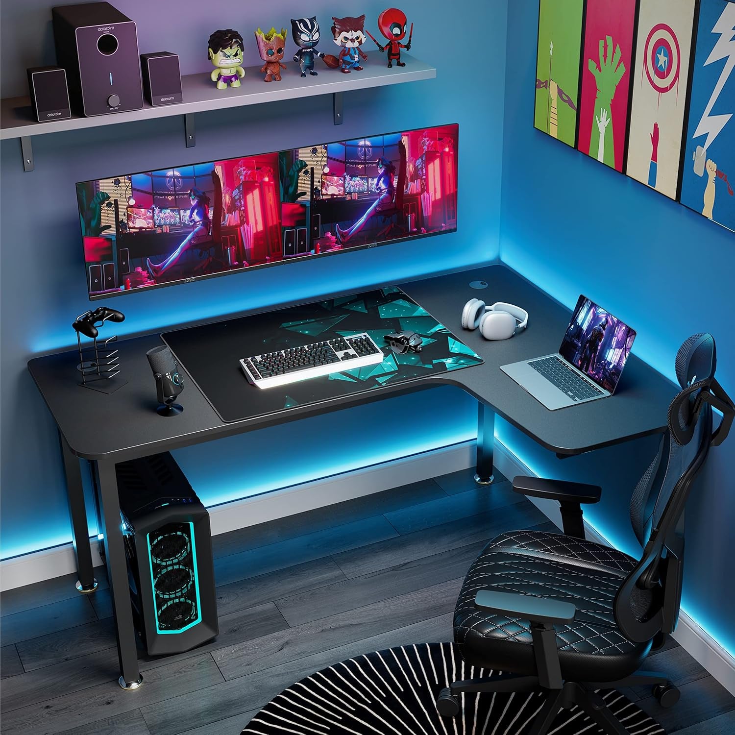 L Shaped Gaming Desk, 60 Inch Corner Computer Desk, Study Writing Desk, Ergonomic Gaming Table Workstation with Large Mouse Pad, Sturdy Metal Frame, Easy to Assemble, Right Side Black