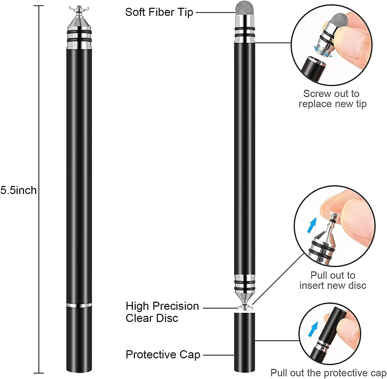 Stylus Pens for Touch Screens,  Fine Point Stylus Touch Screen Capacitive Stylus Pens for Ipad, Iphone, Tablet, Laptops and All Capacitive Touch Screens with 7 Replacement Tips - Black/Black