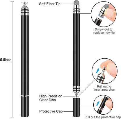 Stylus Pens for Touch Screens,  Fine Point Stylus Touch Screen Capacitive Stylus Pens for Ipad, Iphone, Tablet, Laptops and All Capacitive Touch Screens with 7 Replacement Tips - Black/Black