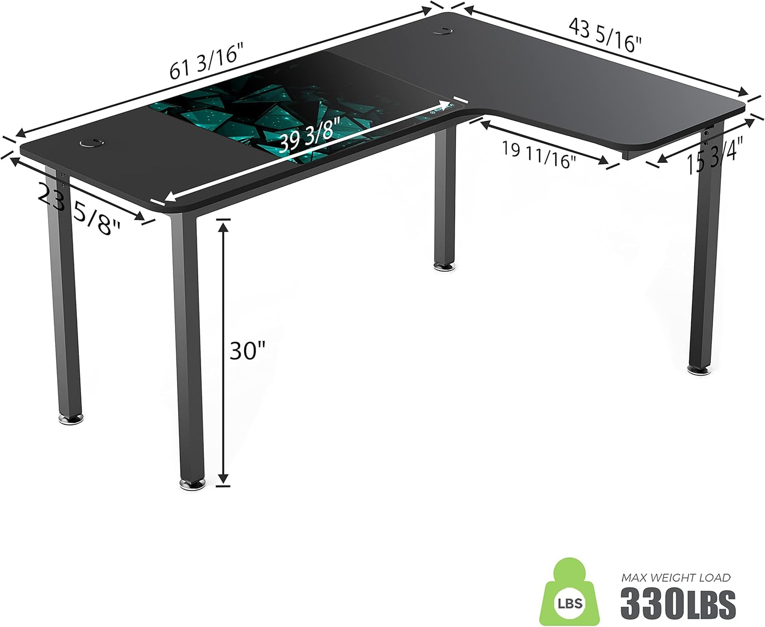 L Shaped Gaming Desk, 60 Inch Corner Computer Desk, Study Writing Desk, Ergonomic Gaming Table Workstation with Large Mouse Pad, Sturdy Metal Frame, Easy to Assemble, Right Side Black