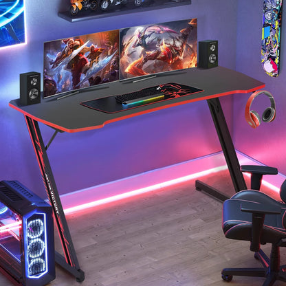 ncs 47 Inch Gaming Desk Z-Shaped Computer Desk Home Office Desk with Headphone Hook, Red