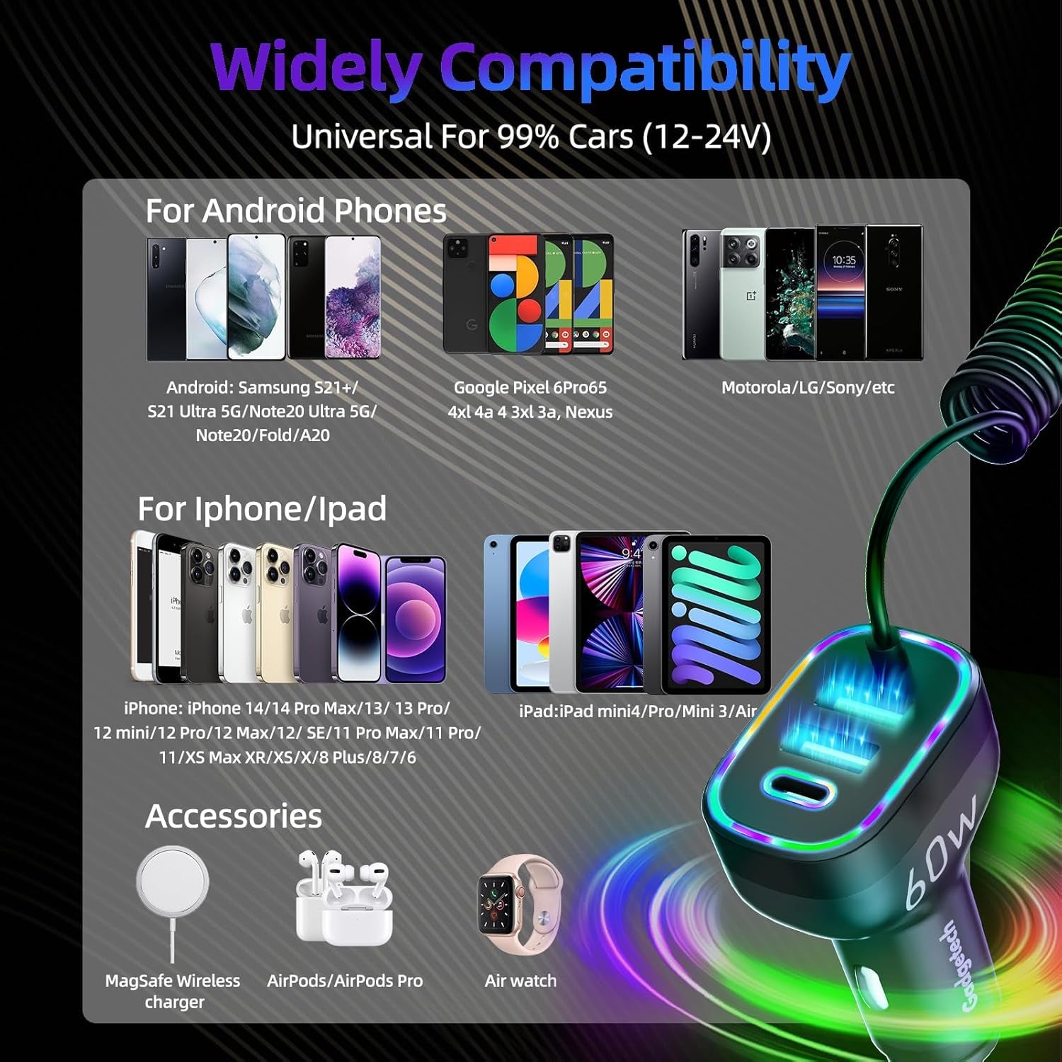 60W 4-Port USB-C & 18W USB-A QC3.0 Fast Charging Car Charger with Colorful Ring LED Light and Coiled Cable for Iphone 16 Pro Max, Iphone 15 Pro Max 14 13 12, Samsung Galaxy S24, Tablets and Laptops