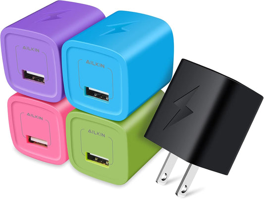 USB Wall Charger, 1Amp Plug Adapter, Fast Charging Block Cube, Multi-Colored USB Cell Phone Charge Brick Travel Plug Box for Iphone 14 13 Pro 12 MAX XR SE, Samsung S22, S21, Note, Motorola, LG