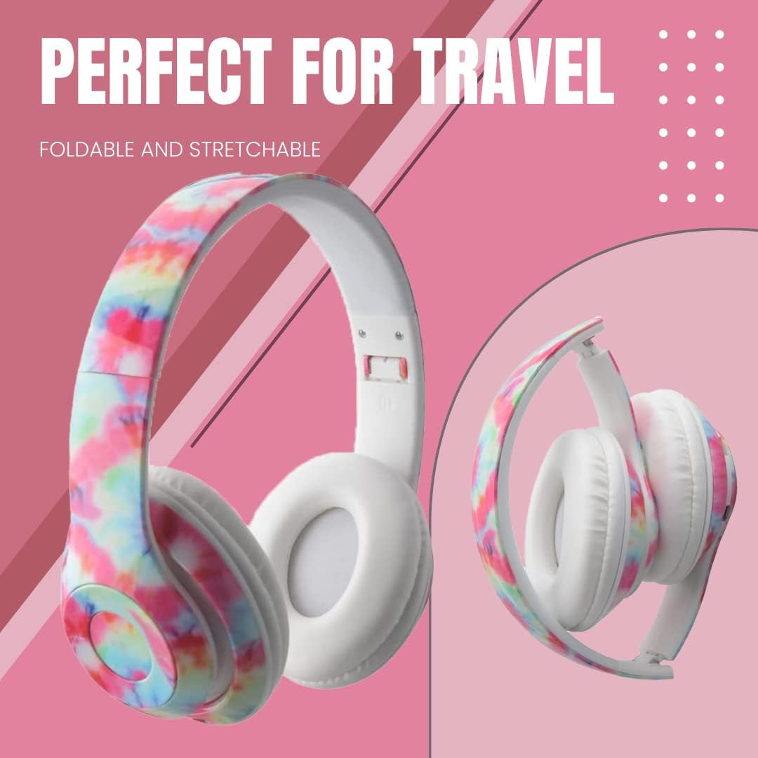 Bluetooth Headphones - Foldable Bluetooth Headset - Lightweight Headphones - Adjustable On-Ear Headphones - Fashion Bluetooth Headphones with Microphone (Tye Dye)